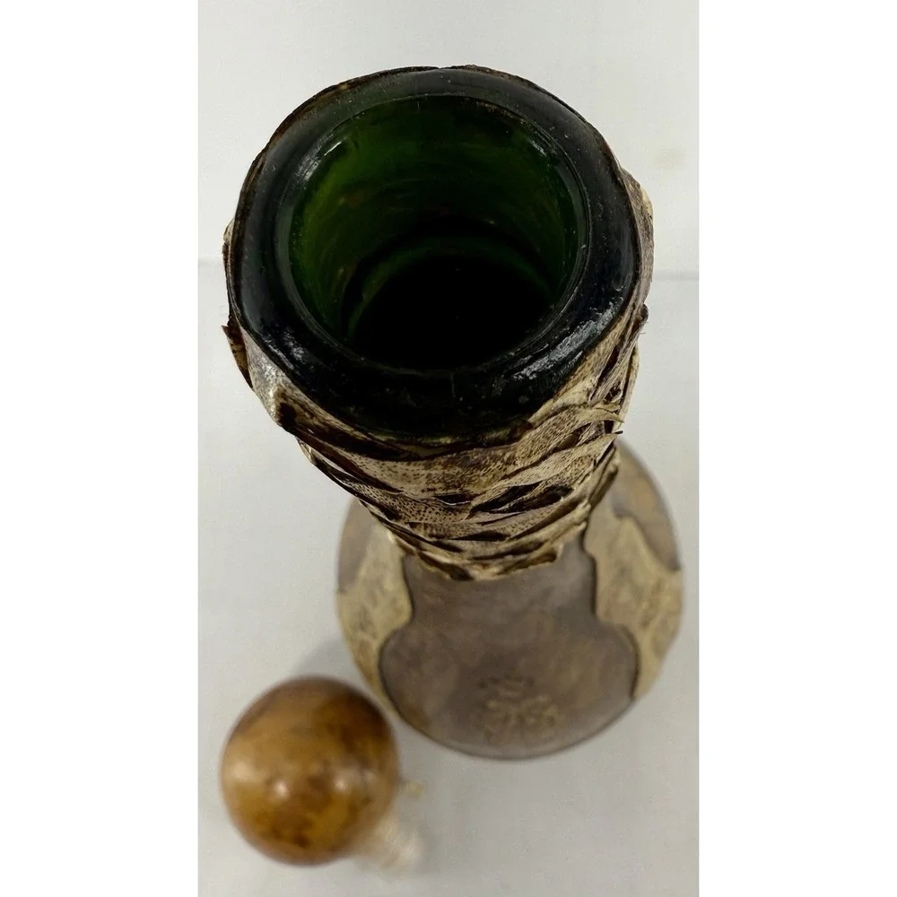 Vintage Italian Leather Covered‎ Bottle w Stopper Handcrafted Art Decor 13
